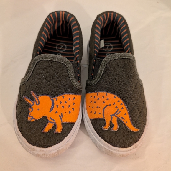 Cat & Jack Toddler Boy Green and Orange Dinosaur Slip On Sneakers in Size 7 - Picture 1 of 10